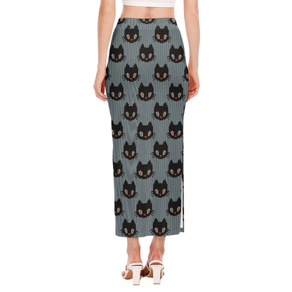 Black Cat Knitted Pattern Print Side Slit Maxi Skirt