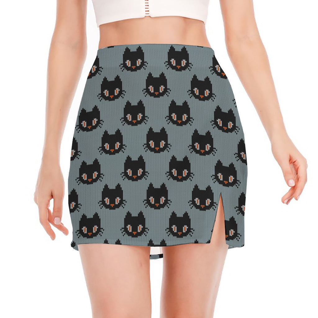 Black Cat Knitted Pattern Print Side Slit Mini Skirt