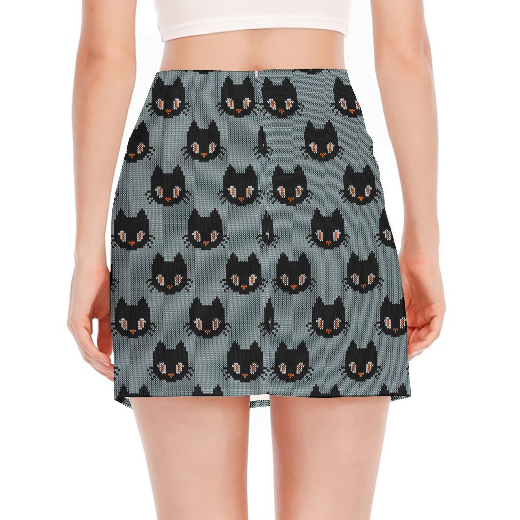 Black Cat Knitted Pattern Print Side Slit Mini Skirt