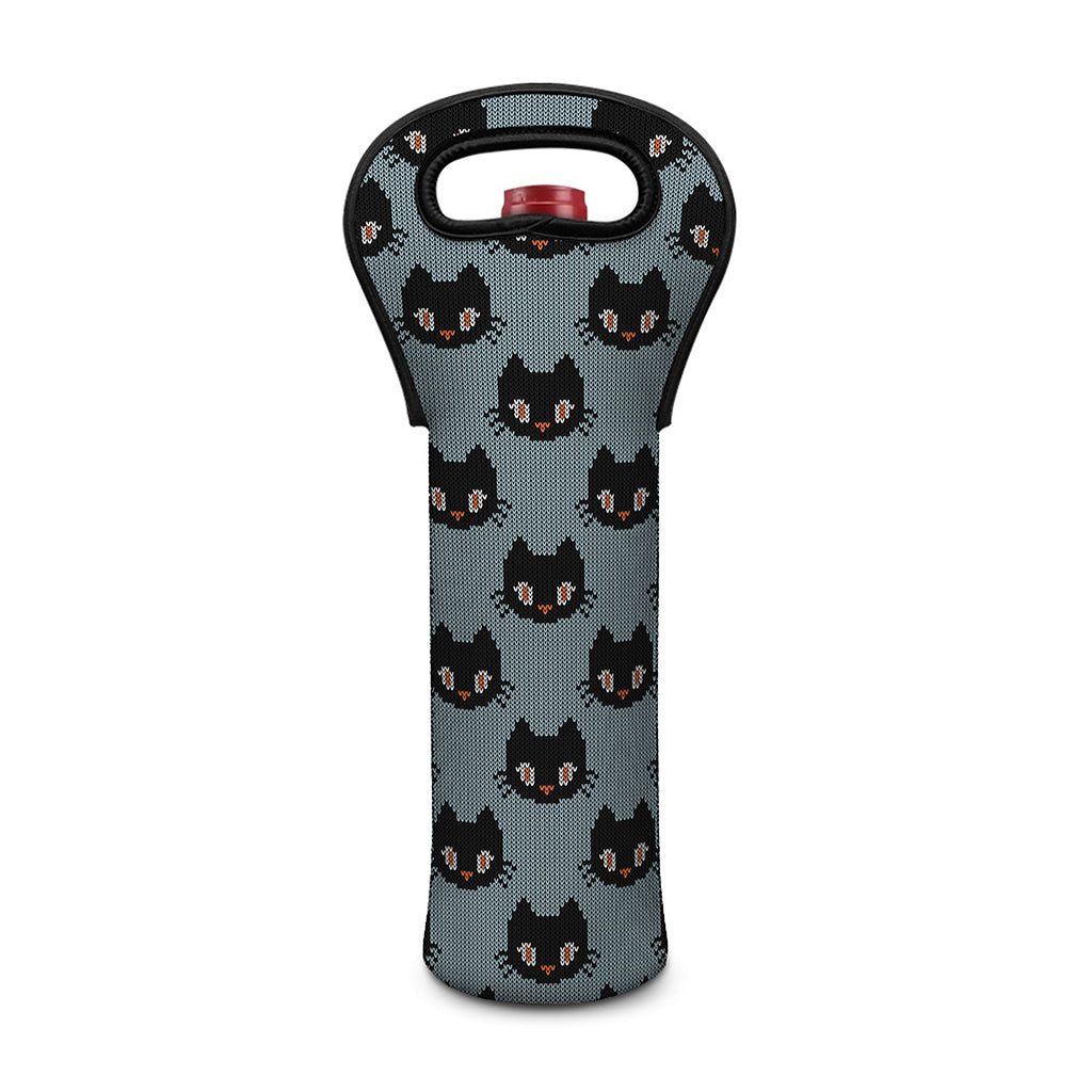 Black Cat Knitted Pattern Print Single Neoprene Wine Tote