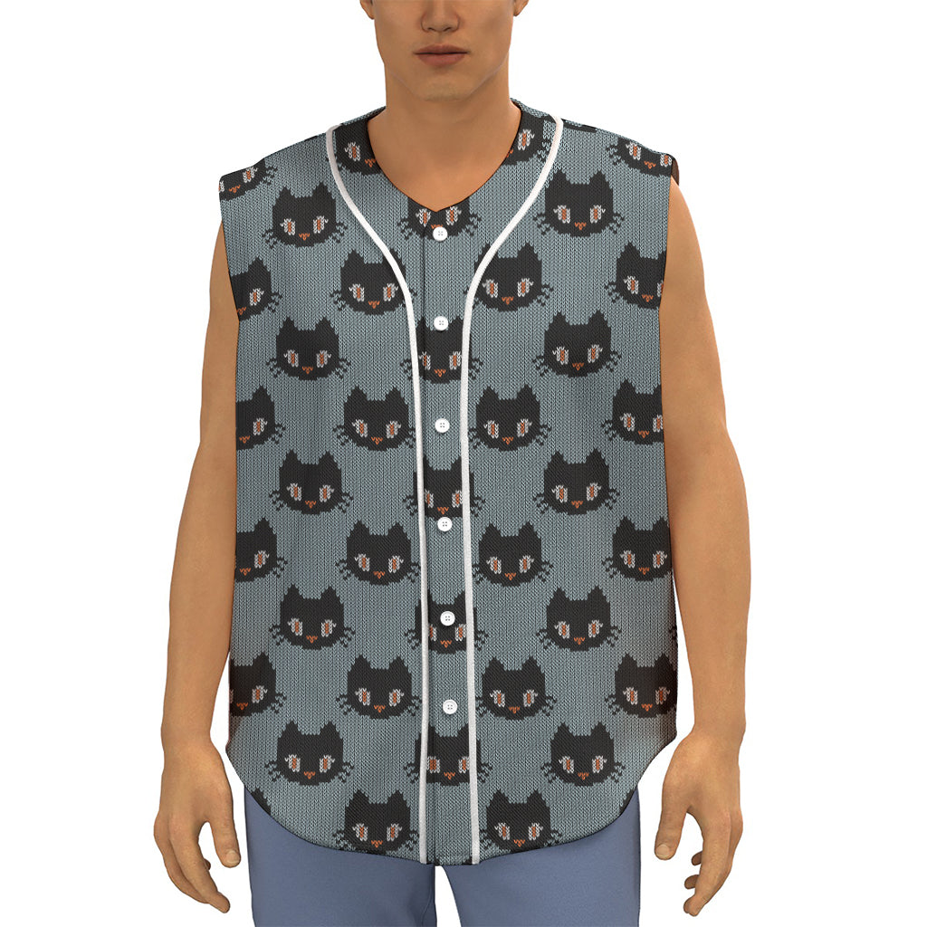 Black Cat Knitted Pattern Print Sleeveless Baseball Jersey
