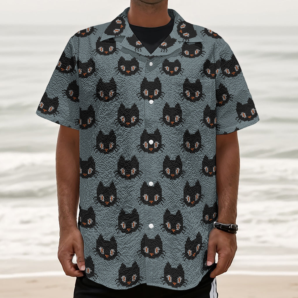Black Cat Knitted Pattern Print Textured Short Sleeve Shirt