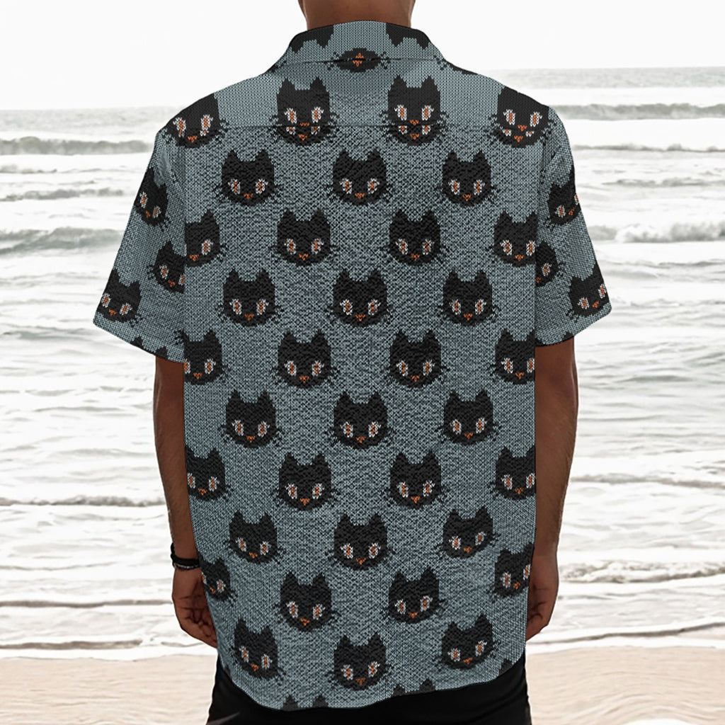 Black Cat Knitted Pattern Print Textured Short Sleeve Shirt