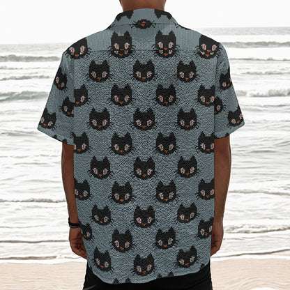 Black Cat Knitted Pattern Print Textured Short Sleeve Shirt