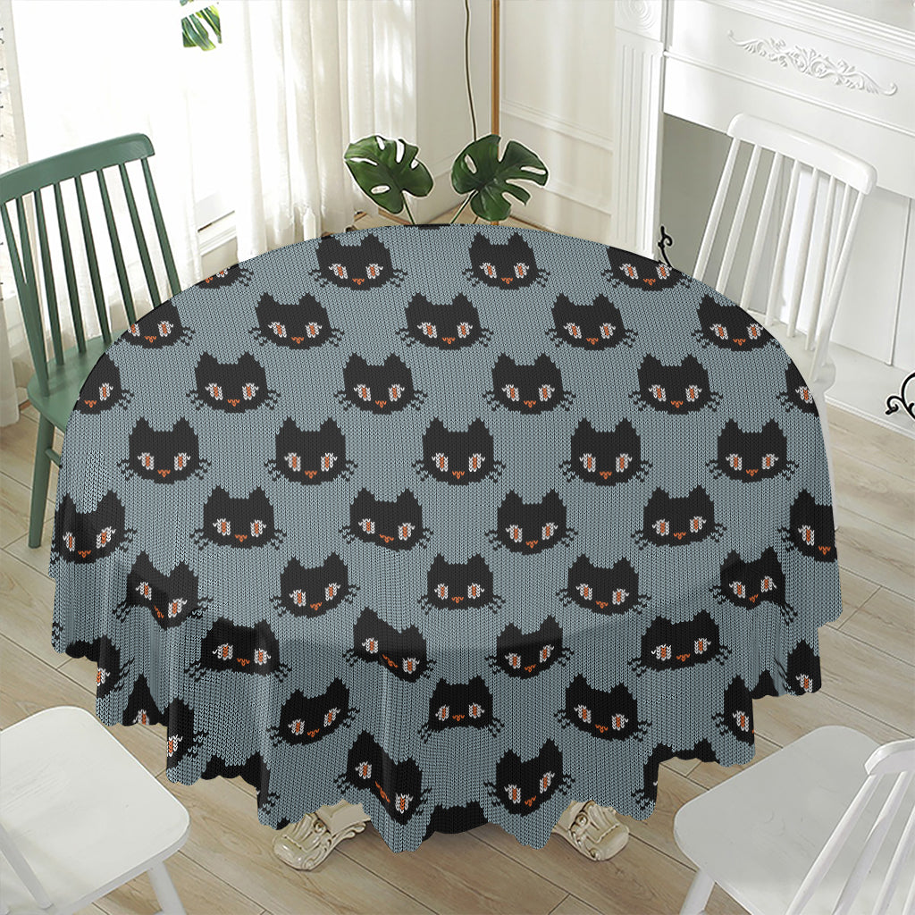 Black Cat Knitted Pattern Print Waterproof Round Tablecloth