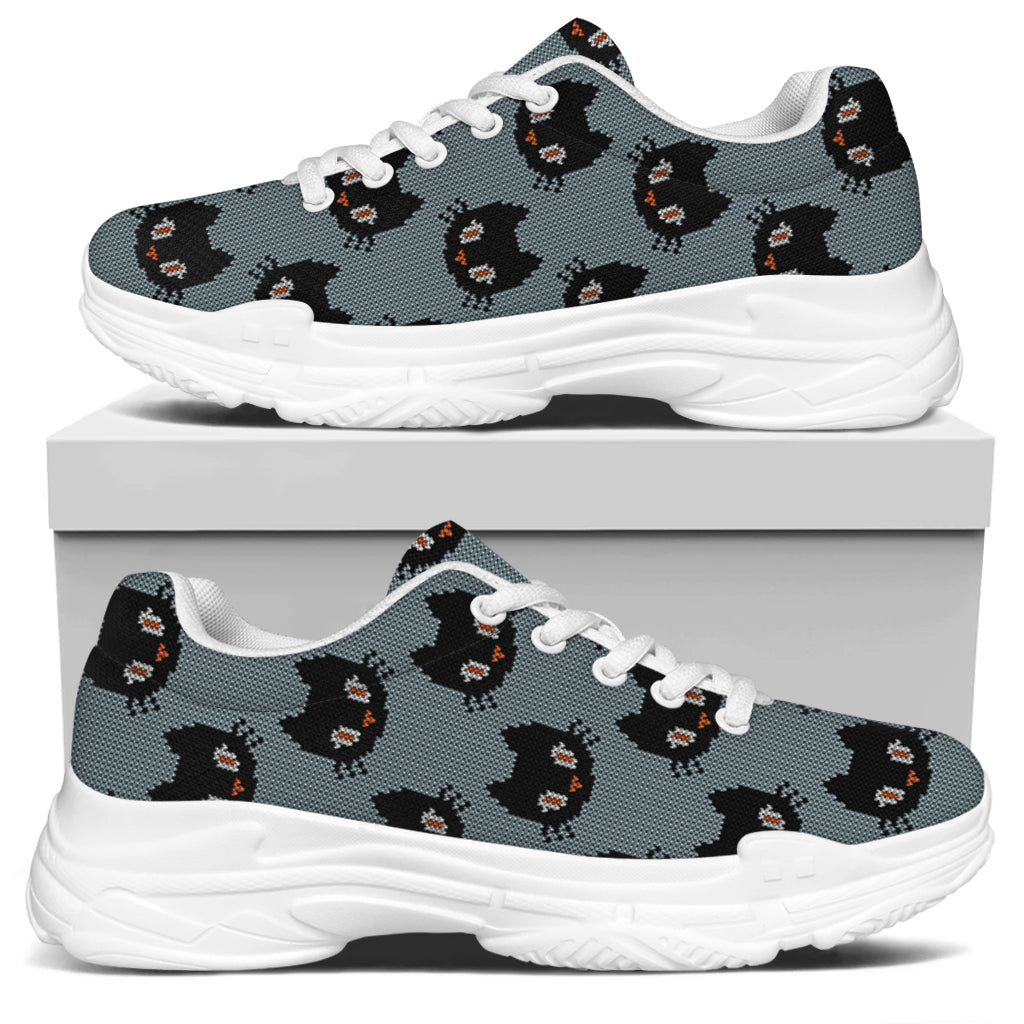 Black Cat Knitted Pattern Print White Chunky Shoes