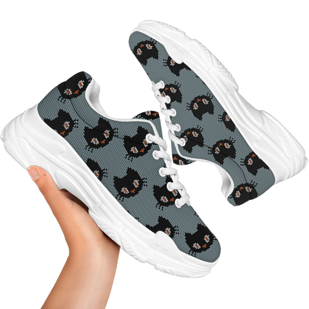 Black Cat Knitted Pattern Print White Chunky Shoes