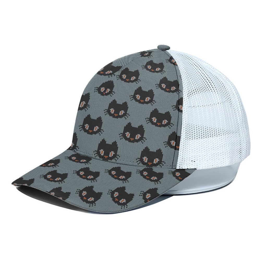 Black Cat Knitted Pattern Print White Mesh Trucker Cap