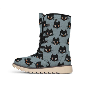 Black Cat Knitted Pattern Print Winter Boots