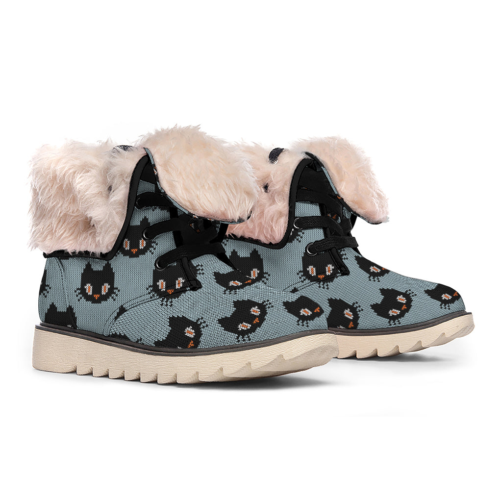 Black Cat Knitted Pattern Print Winter Boots