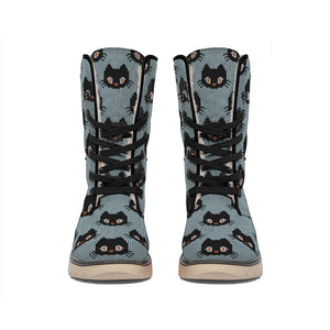 Black Cat Knitted Pattern Print Winter Boots