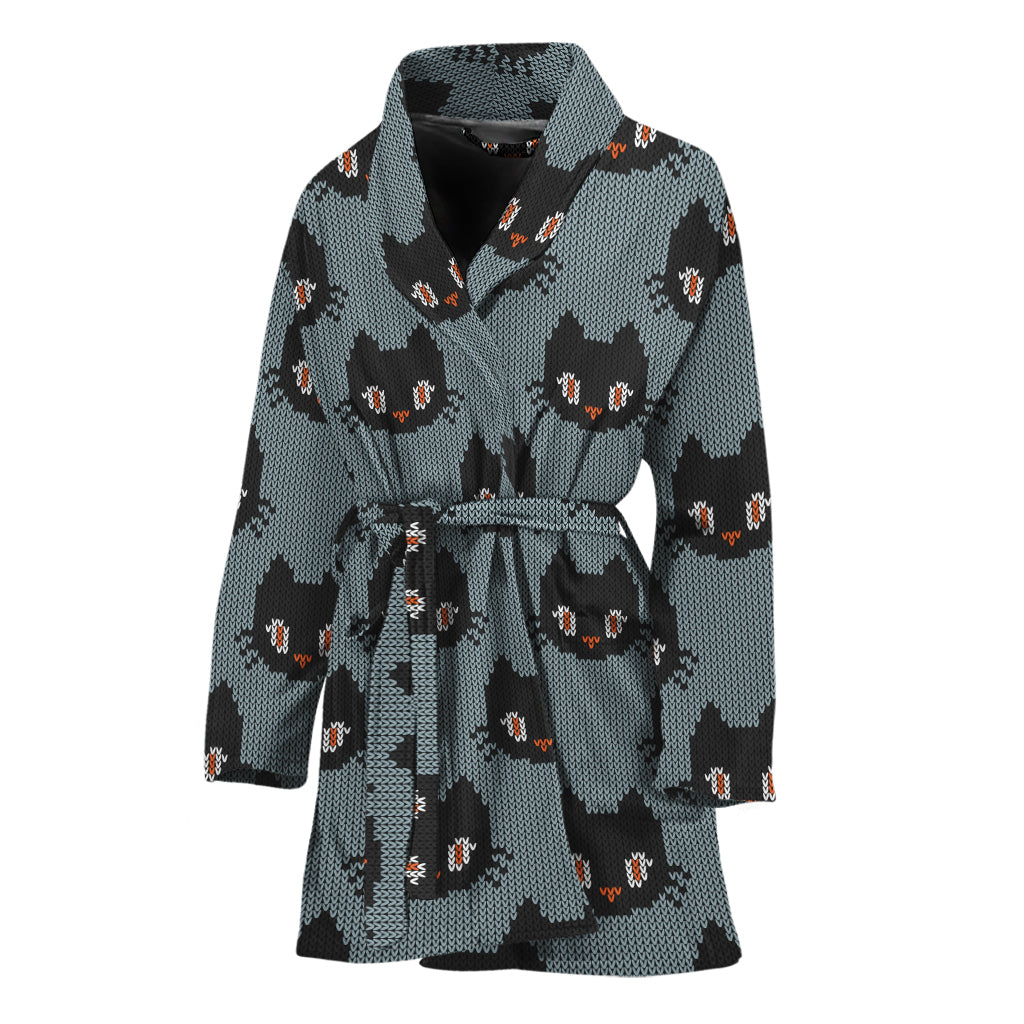 Black Cat Knitted Pattern Print Women's Bathrobe