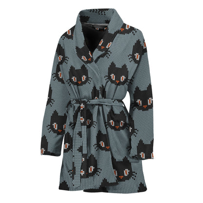 Black Cat Knitted Pattern Print Women's Bathrobe