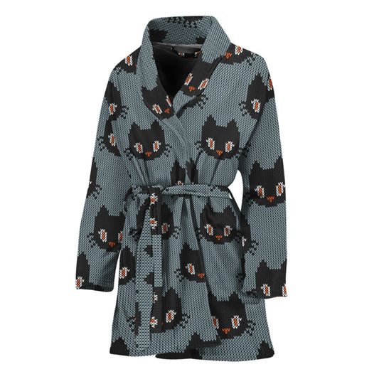 Black Cat Knitted Pattern Print Women's Bathrobe