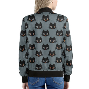 Black Cat Knitted Pattern Print Women's Bomber Jacket