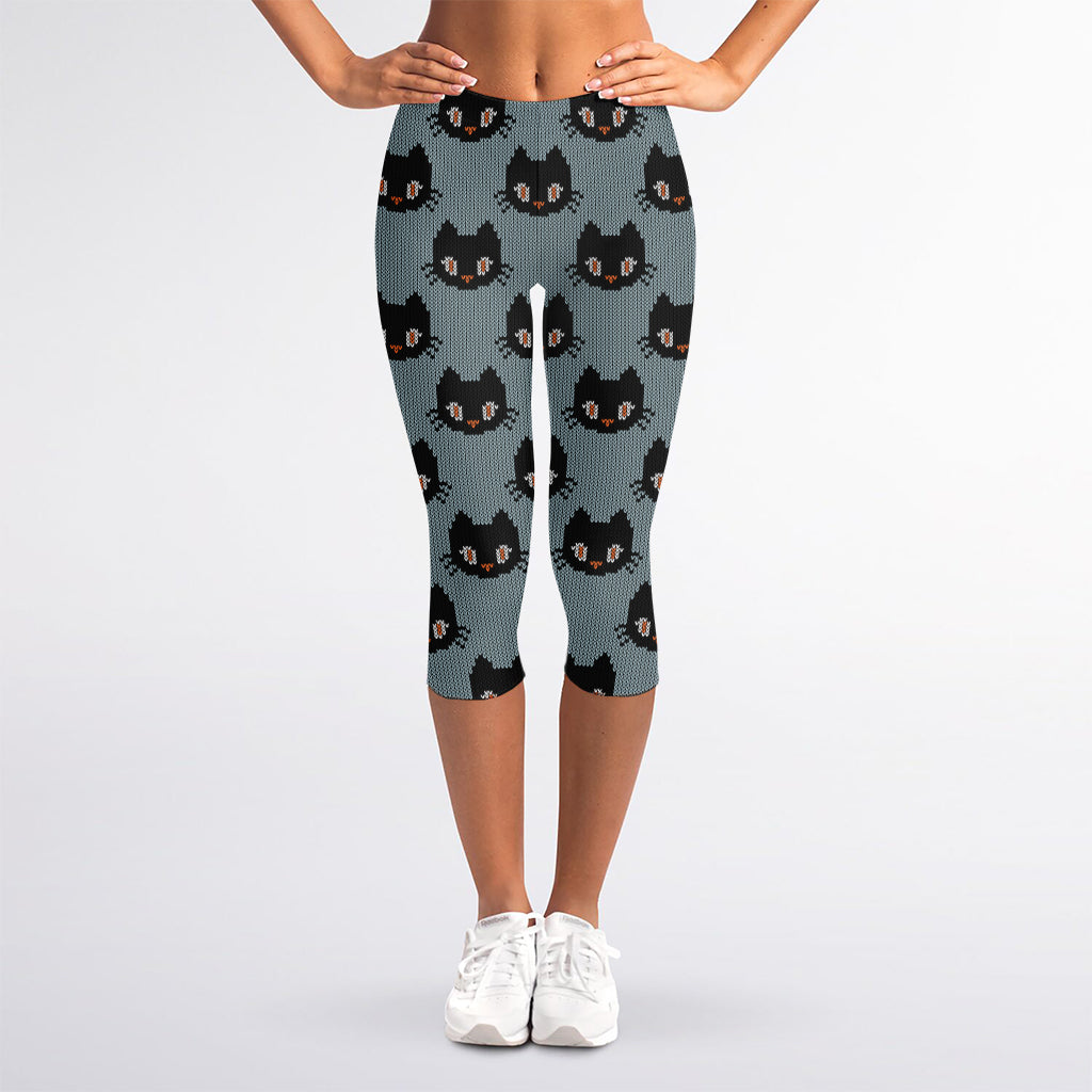 Black Cat Knitted Pattern Print Women's Capri Leggings