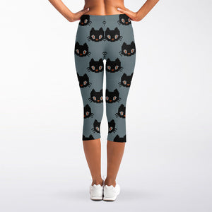 Black Cat Knitted Pattern Print Women's Capri Leggings