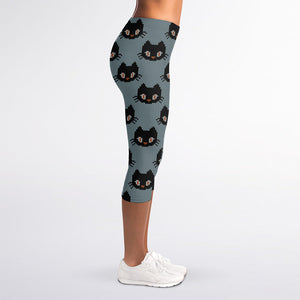 Black Cat Knitted Pattern Print Women's Capri Leggings