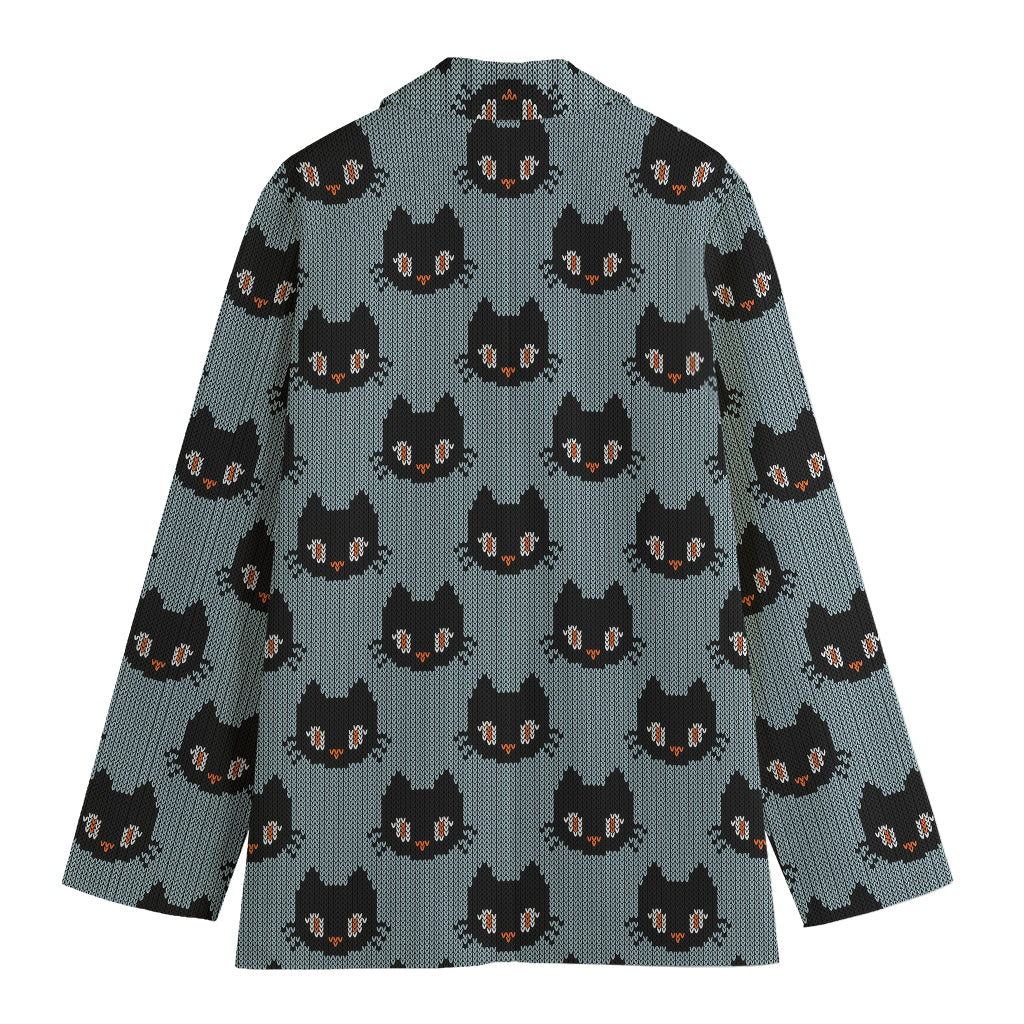 Black Cat Knitted Pattern Print Women's Cotton Blazer