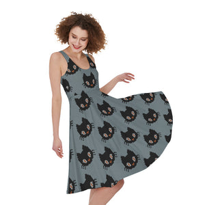 Black Cat Knitted Pattern Print Women's Sleeveless Dress