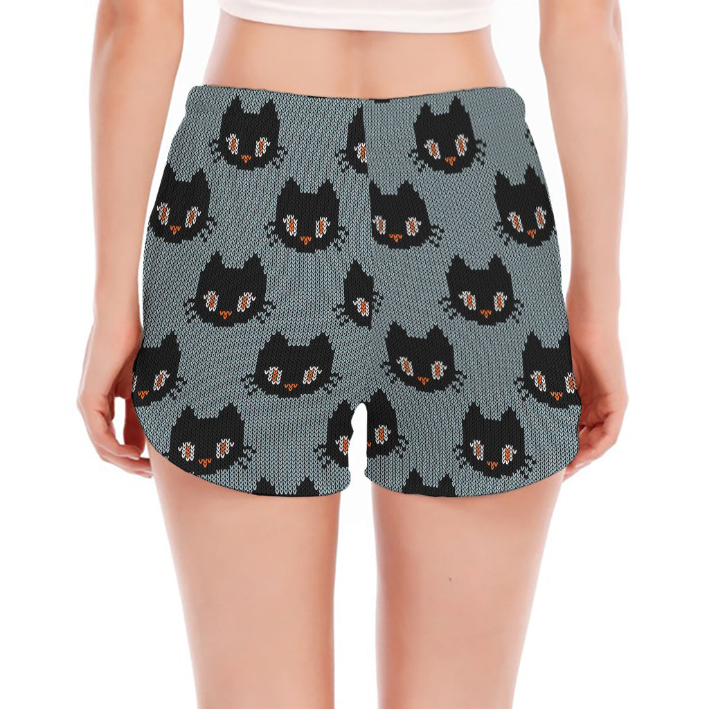 Black Cat Knitted Pattern Print Women's Split Running Shorts