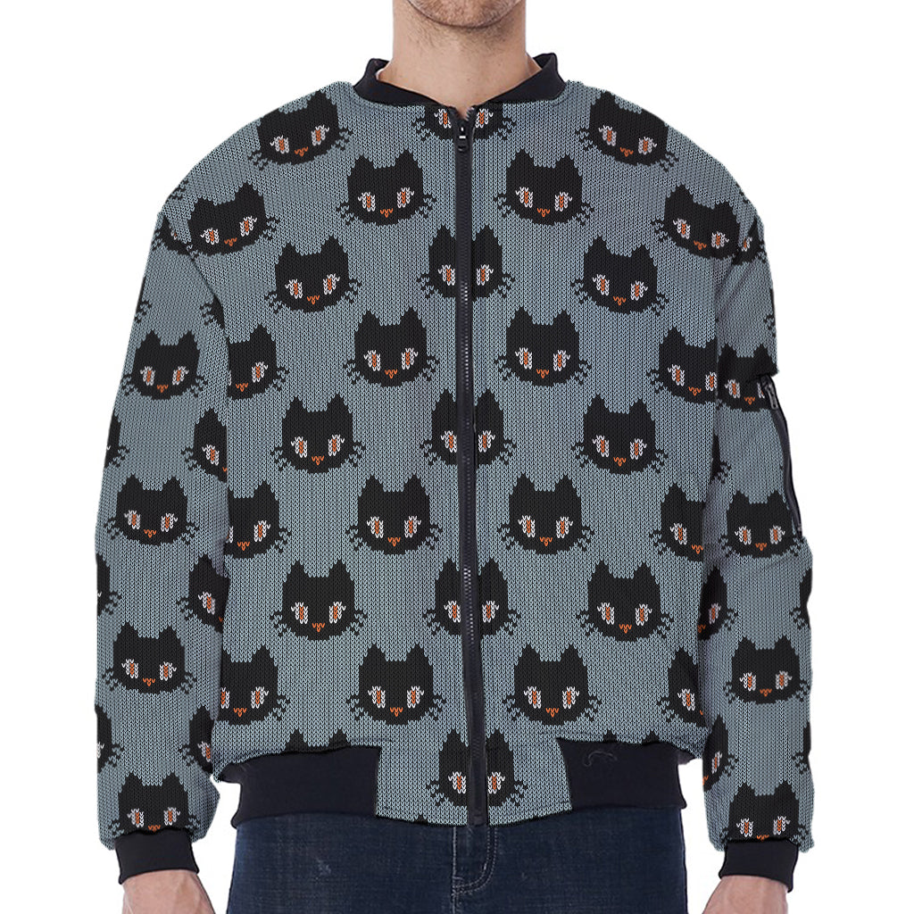 Black Cat Knitted Pattern Print Zip Sleeve Bomber Jacket