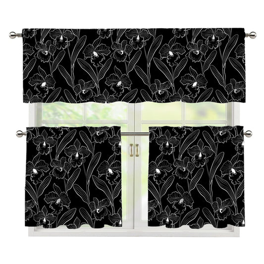 Black Cattleya Flower Pattern Print 3 Piece Kitchen Curtains