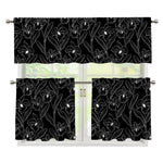 Black Cattleya Flower Pattern Print 3 Piece Kitchen Curtains