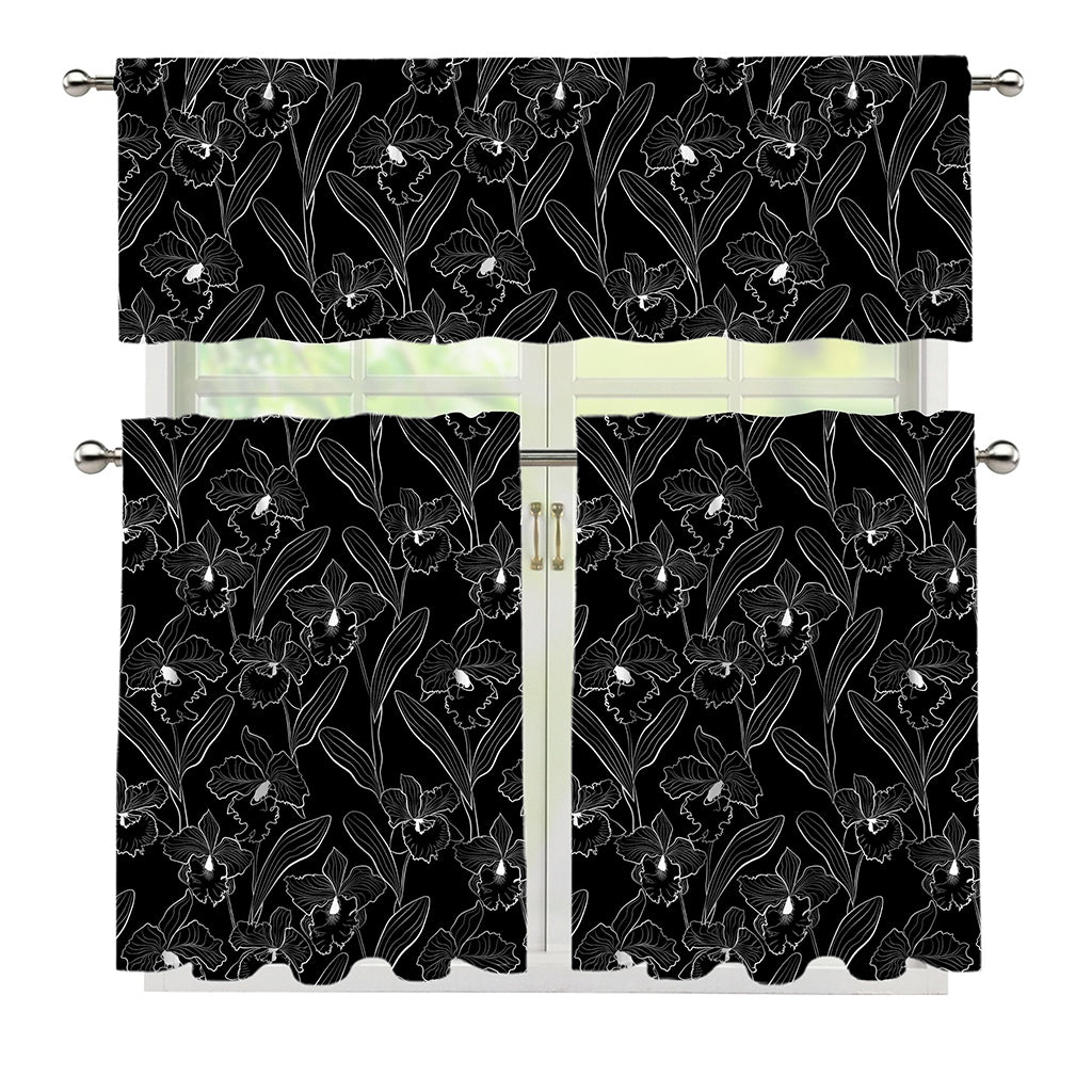 Black Cattleya Flower Pattern Print 3 Piece Kitchen Curtains