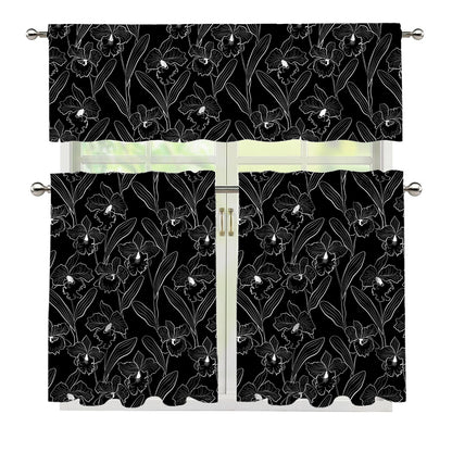 Black Cattleya Flower Pattern Print 3 Piece Kitchen Curtains