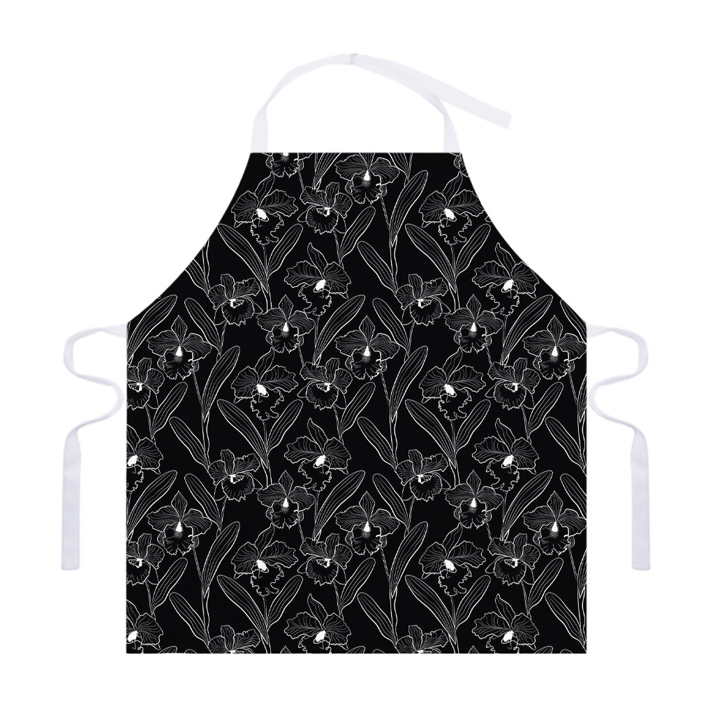 Black Cattleya Flower Pattern Print Adjustable Apron