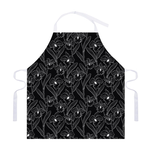 Black Cattleya Flower Pattern Print Adjustable Apron
