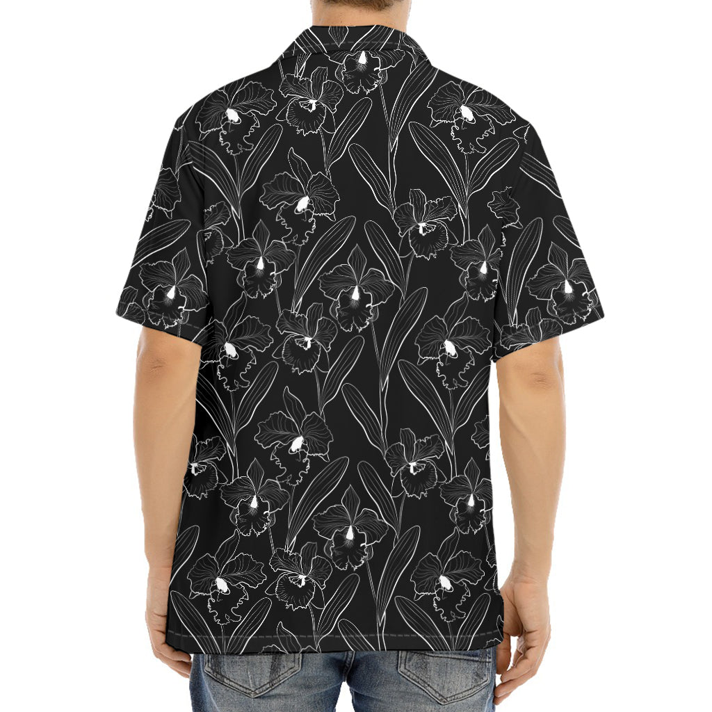 Black Cattleya Flower Pattern Print Aloha Shirt