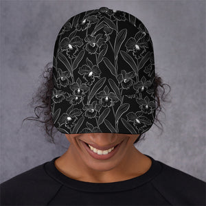 Black Cattleya Flower Pattern Print Baseball Cap