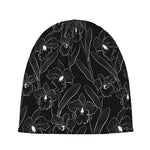 Black Cattleya Flower Pattern Print Beanie
