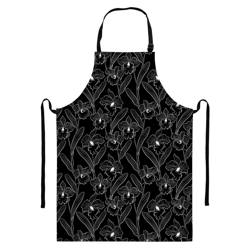 Black Cattleya Flower Pattern Print Bib Apron With Pocket