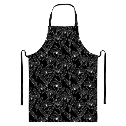 Black Cattleya Flower Pattern Print Bib Apron With Pocket