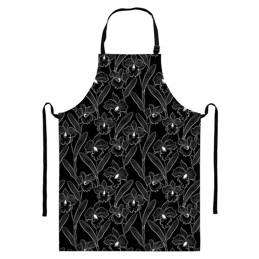 Black Cattleya Flower Pattern Print Bib Apron With Pocket
