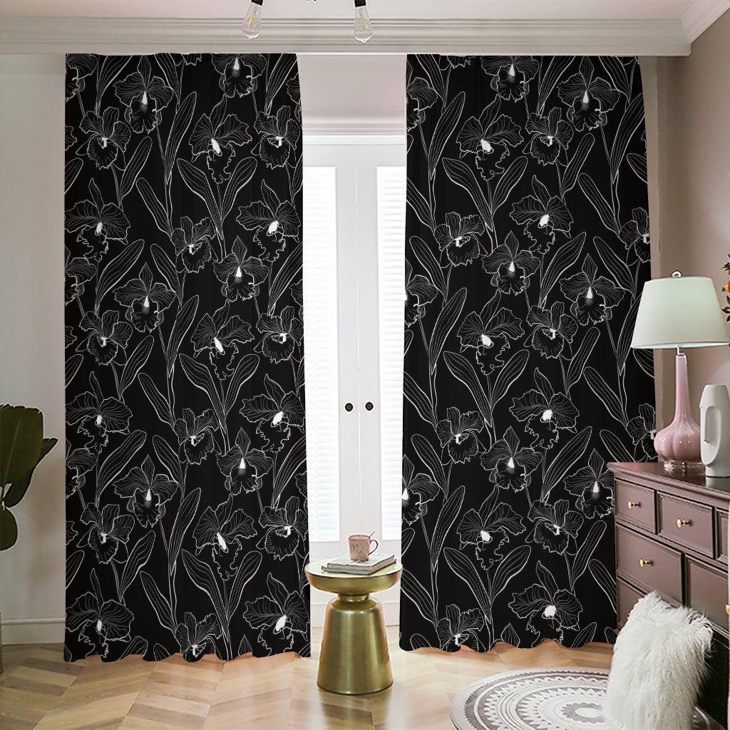 Black Cattleya Flower Pattern Print Blackout Pencil Pleat Curtains