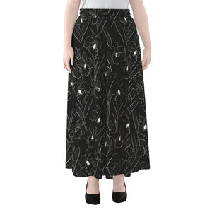 Black Cattleya Flower Pattern Print Chiffon Maxi Skirt