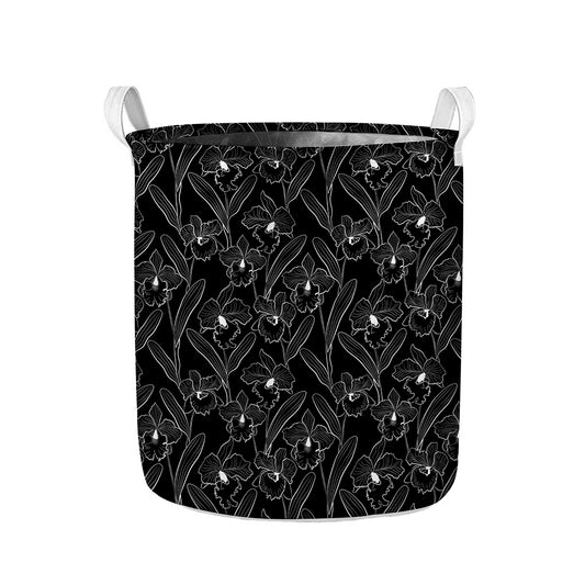 Black Cattleya Flower Pattern Print Collapsible Laundry Basket
