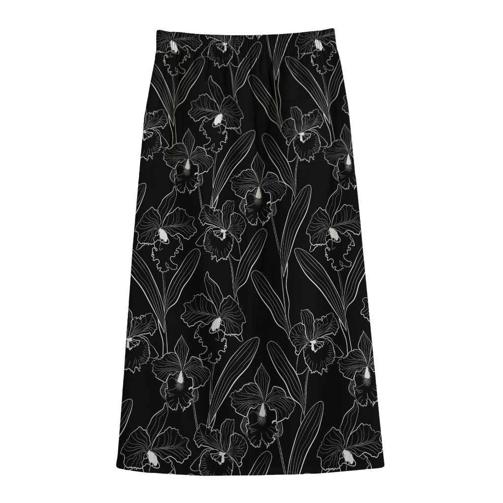 Black Cattleya Flower Pattern Print Cotton Front Slit Maxi Skirt