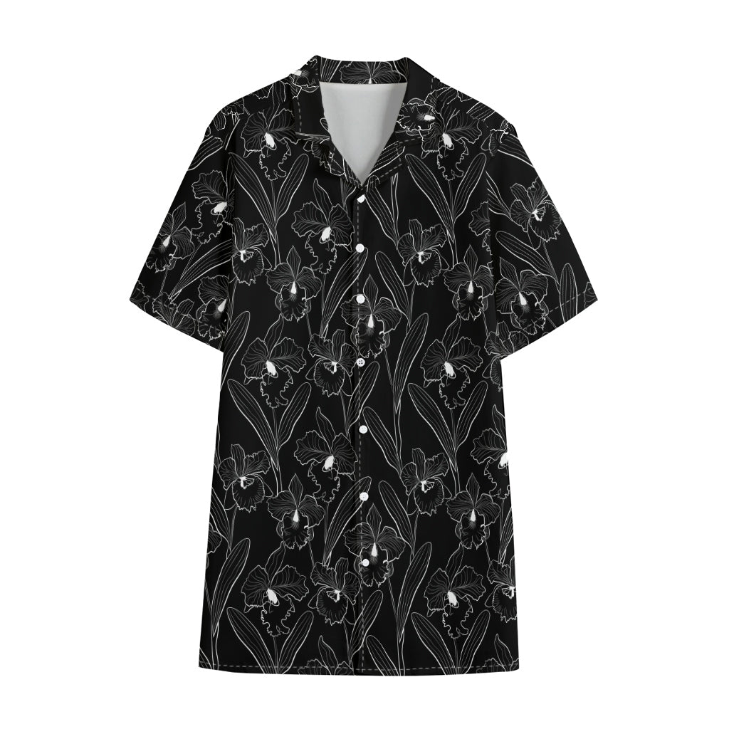 Black Cattleya Flower Pattern Print Cotton Hawaiian Shirt