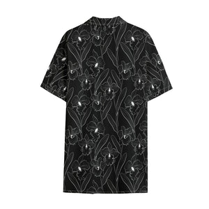 Black Cattleya Flower Pattern Print Cotton Hawaiian Shirt