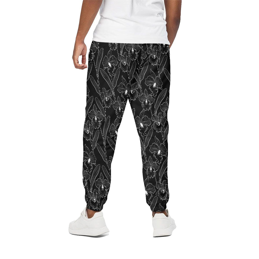 Black Cattleya Flower Pattern Print Cotton Pants