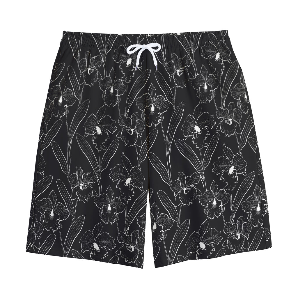 Black Cattleya Flower Pattern Print Cotton Shorts