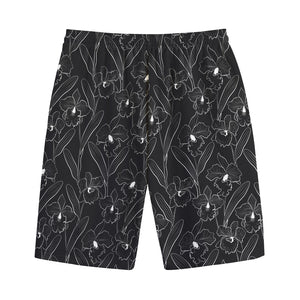 Black Cattleya Flower Pattern Print Cotton Shorts