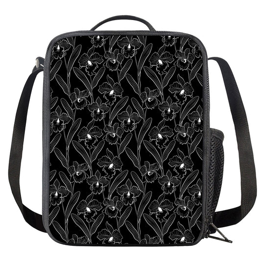 Black Cattleya Flower Pattern Print Crossbody Lunch Bag