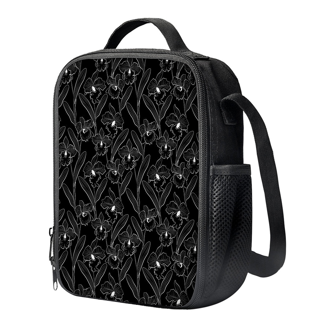 Black Cattleya Flower Pattern Print Crossbody Lunch Bag