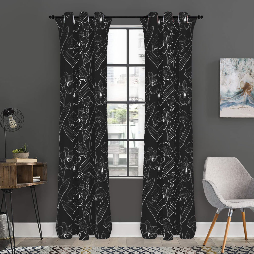 Black Cattleya Flower Pattern Print Curtain